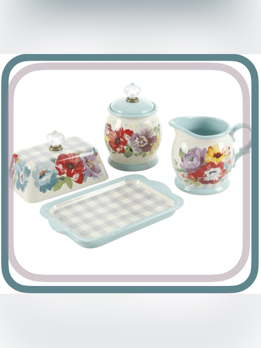 4-pc Pioneer Woman Sweet Romance Double Stick Butter Dish, Cream & Sugar Set